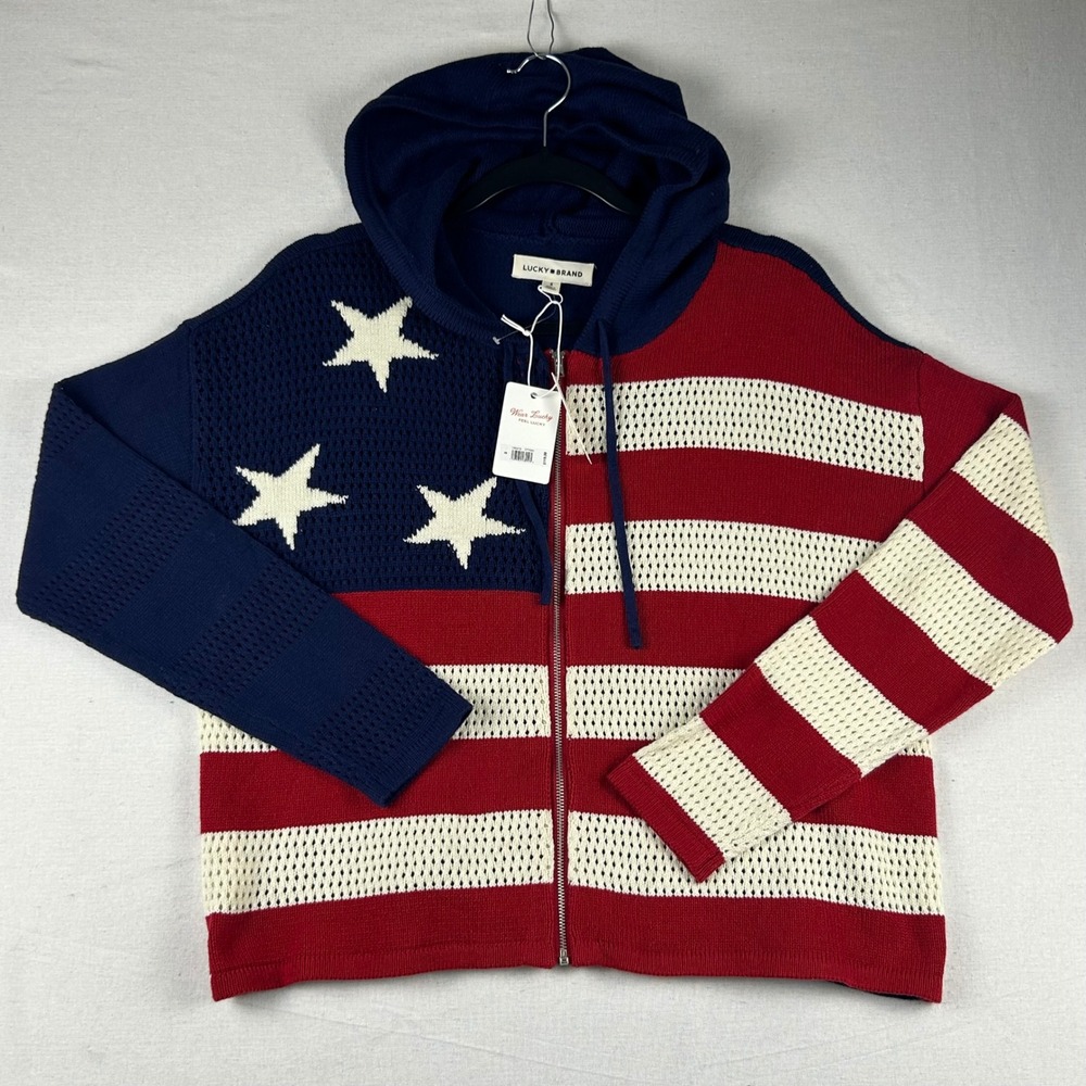 Lucky Brand Womens American Flag Zip Up Hooded Sweater Stars Stripes Small NEW